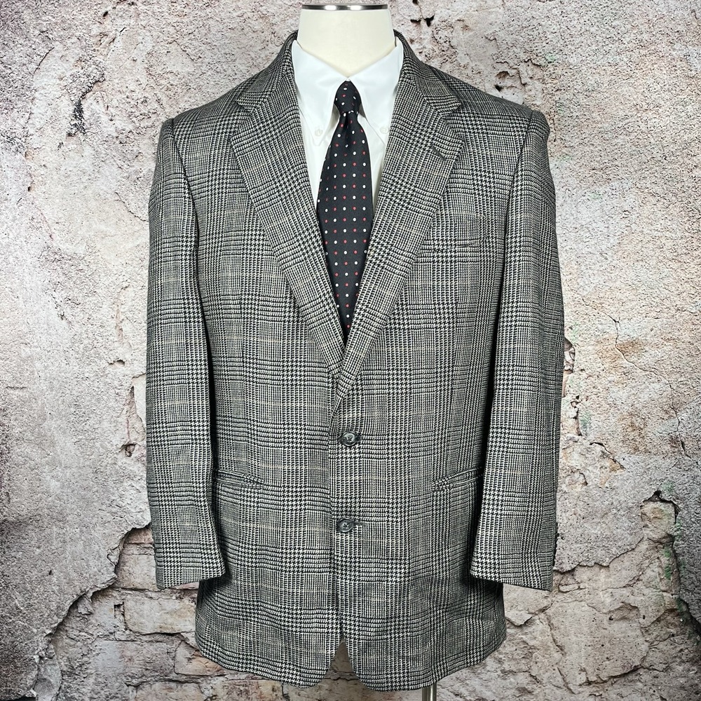 Vintage Burberrys Blazer Mens 44R Gray Houndstooth Plaid Wool Sports Coat